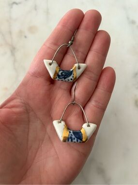 Handmade Ceramic Triangle Drop Earrings - White, Blue & Gold